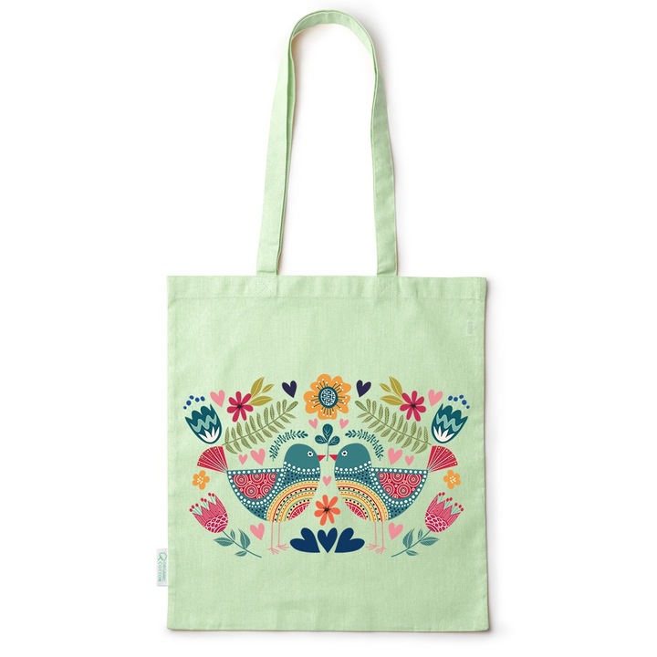 Intelli® Екологична памучна пазарска чанта Sacosa с дълги дръжки, Birds in love, 38×42cm, Зелена, GR-BDY144