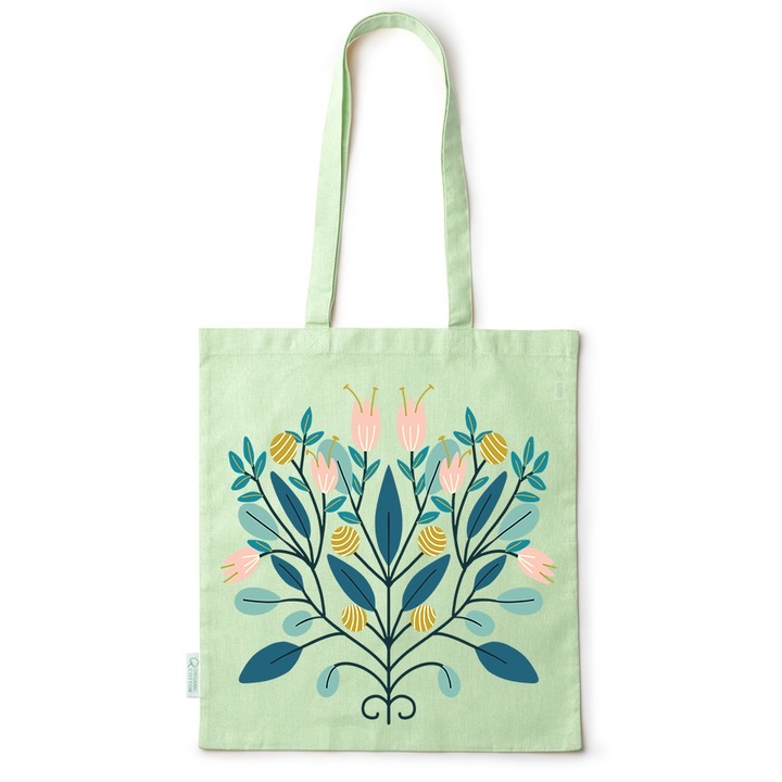 Intelli® kornyezetbarat pamut bevasarlotaska hosszu fullel, Viragok, 38×42cm, Zöld, 38 x 42 cm