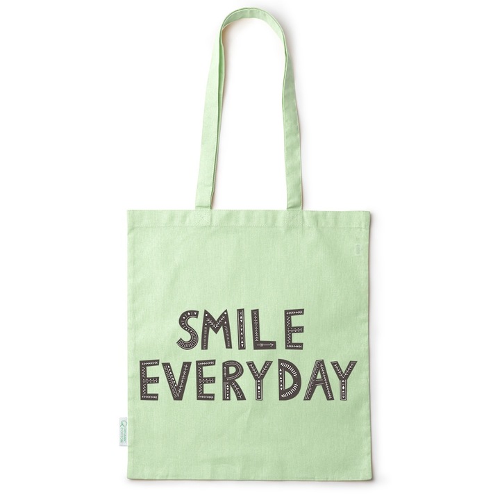 Intelli® Екологична памучна пазарска чанта Sacosa с дълги дръжки, Smile Everyday, 38×42cm, Зелена, GR-BDY148