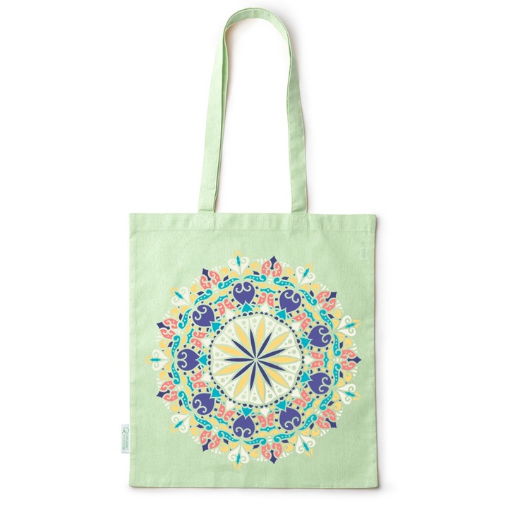Intelli® Környezetbarát pamut bevásárlótáska hosszú füllel, Mandala, 38×42cm, Zöld, GR-BDY147
