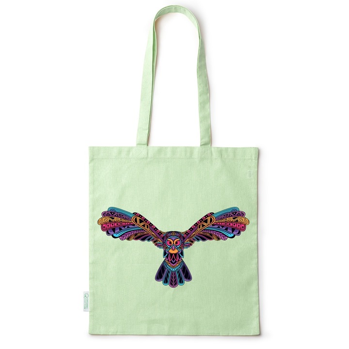 Intelli® Pamut Eco-barat bevasarlotaska hosszu fullel, Bagoly, 38, Zöld, 38 x 42 cm