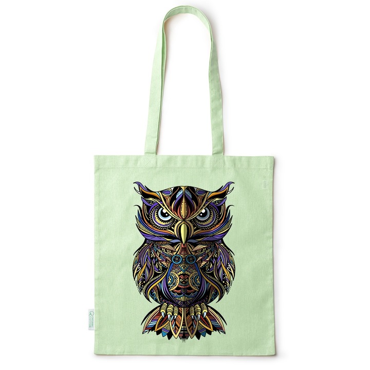 Чанта Intelli Sacosa, памучна, еко-приятелска за пазаруване с дълги дръжки, бухал, 38×42см, черна, Зелен, 38 x 42 cm