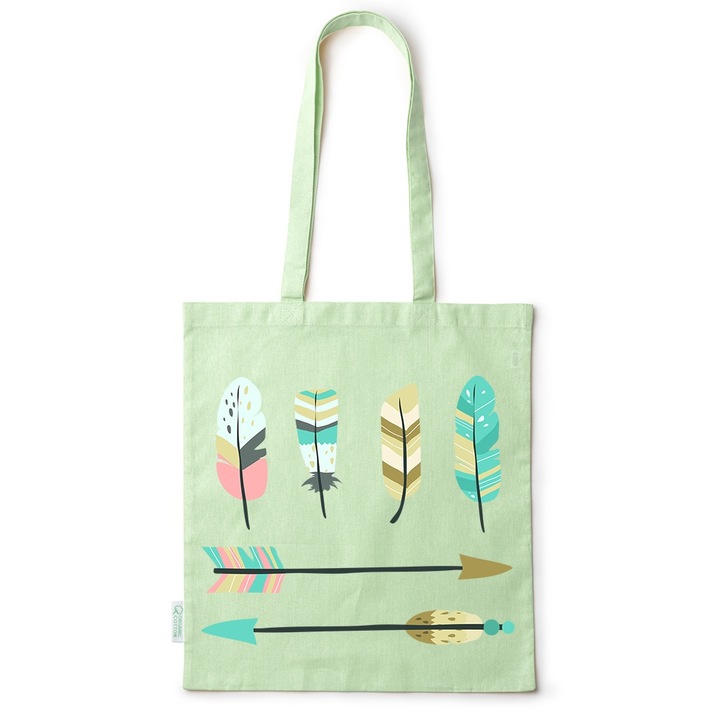 Intelli® Sacosa памучна Еко-приятелска чанта за пазаруване с дълги дръжки, Стрелки - Пера, 38×42cm, Зелена, GR-BDY154