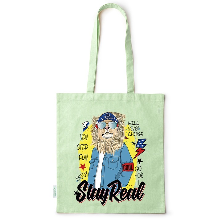 Go For It Shopper fazonú pamut táska mintával, Stay Real, 38×42cm, Zöld, GR-BDY169