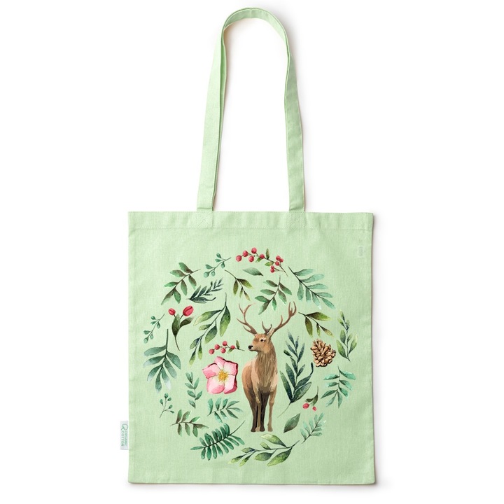 Intelli® Sacosa памучна Еко пазарска чанта с дълги дръжки, Елен, 38×42см, Зелена, GR-BDY166