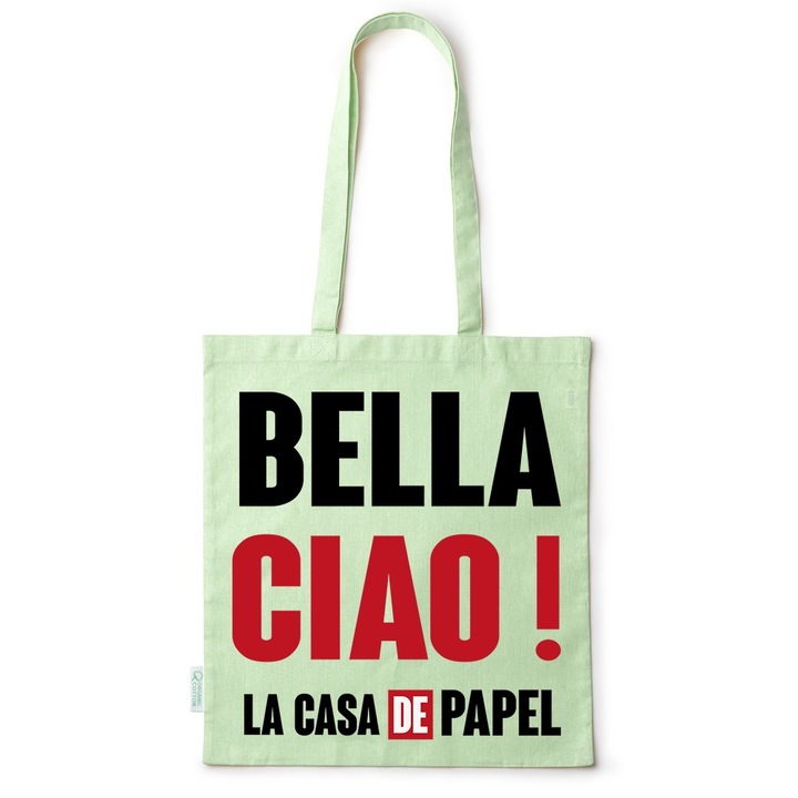 Intelli® Еко памучна пазарска чанта с дълги дръжки, La Casa de Papel, 38545, Зелен, 38 x 42 cm