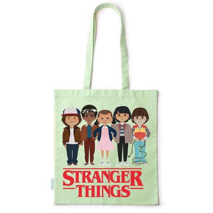 Intelli® Környezetbarát pamut bevásárlótáska hosszú füllel, Stranger Things, 38×42cm, Zöld, GR-BDY181