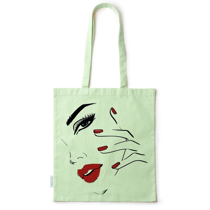 Intelli® Eco-barát pamut bevásárlótáska hosszú füllel, Női arc, 38×42cm, Zöld, GR-BDY202