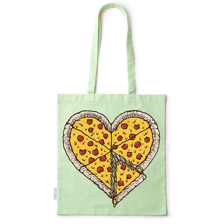 Intelli® Sacosa bumbac Eco-friendly pentru cumparaturi cu manere lungi, Pizza Love, 38×42cm, Verde, GR-BDY224