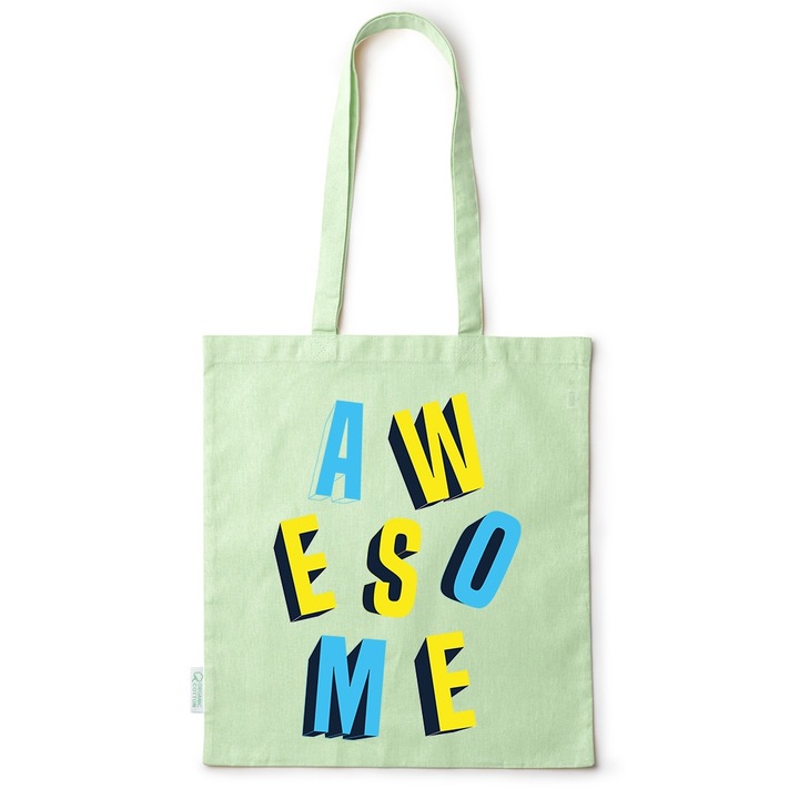 Intelli® Памучна еко чанта за пазаруване Sacosa с дълги дръжки, Awesome, 38×42см, Зелена, GR-BDY226