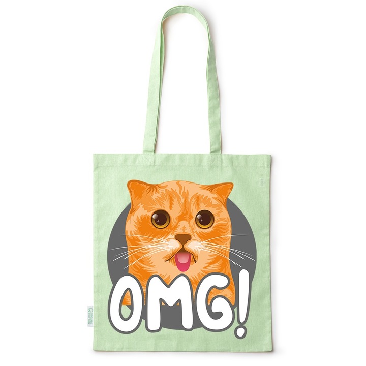 Intelli® Еко памучна пазарска чанта Sacosa с дълги дръжки, Котка - OMG, 38×42см, Зелена, GR-BDY232