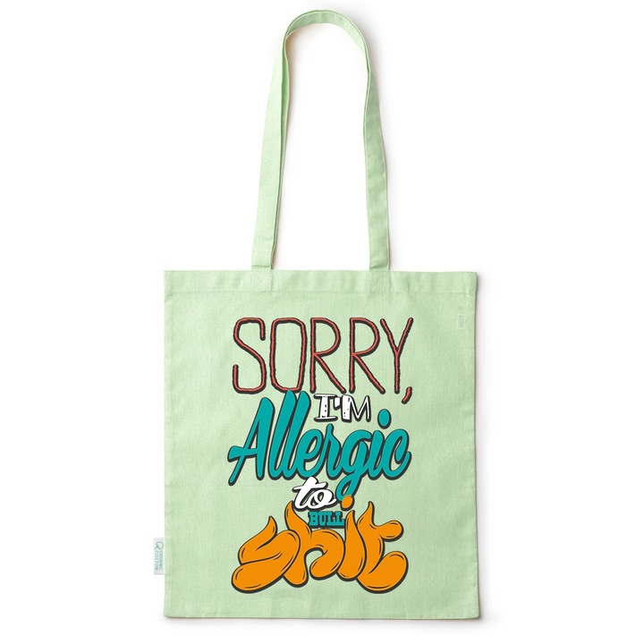 Intelli® Екологична памучна пазарска чанта Sacosa с дълги дръжки, Allergic to Bullshit, 38×42см, Зелена, GR-BDY235