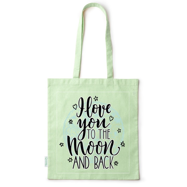 Intelli® Екологична памучна пазарска чанта Sacosa с дълги дръжки, I Love You, 38×42см, Зелена, GR-BDY241