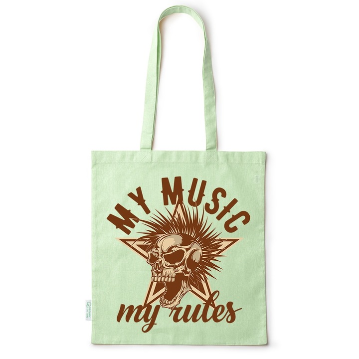 Intelli® Környezetbarát pamut bevásárlótáska hosszú füllel, My Music - My Rules, 38×42cm, Zöld, GR-BDY243