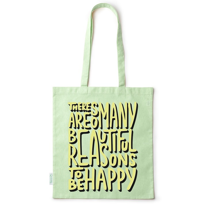 Intelli® Öko-barát pamut bevásárlótáska hosszú füllel, Be Happy, 38×42cm, Zöld, GR-BDY249