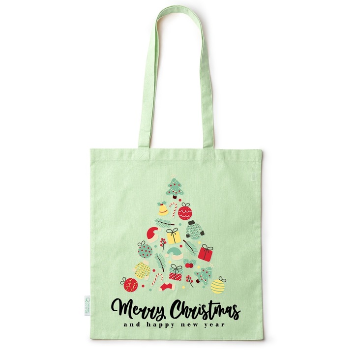 Intelli® Sacosa памучна Еко-приятелска чанта за пазаруване с дълги дръжки, Весела Коледа, 38×42см, Зелена, GR-BDY257
