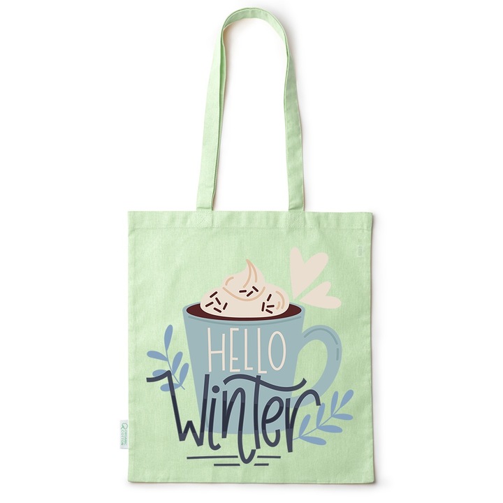 Go For It Shopper fazonú pamut táska mintával, Hello Winter, 38×42cm, Zöld, GR-BDY251