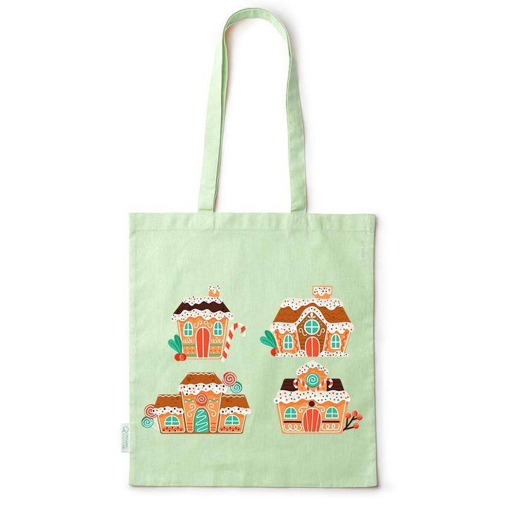 Intelli® Sacosa памучна екологична чанта за пазаруване с дълги дръжки, Къща от джинджифил, 38×42см, Зелена, GR-BDY253