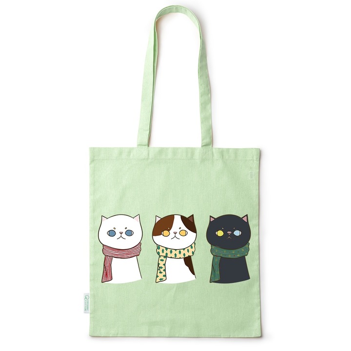 Intelli® Öko-barát pamut bevásárlótáska hosszú füllel, cicák, 38×42cm, zöld, GR-BDY258