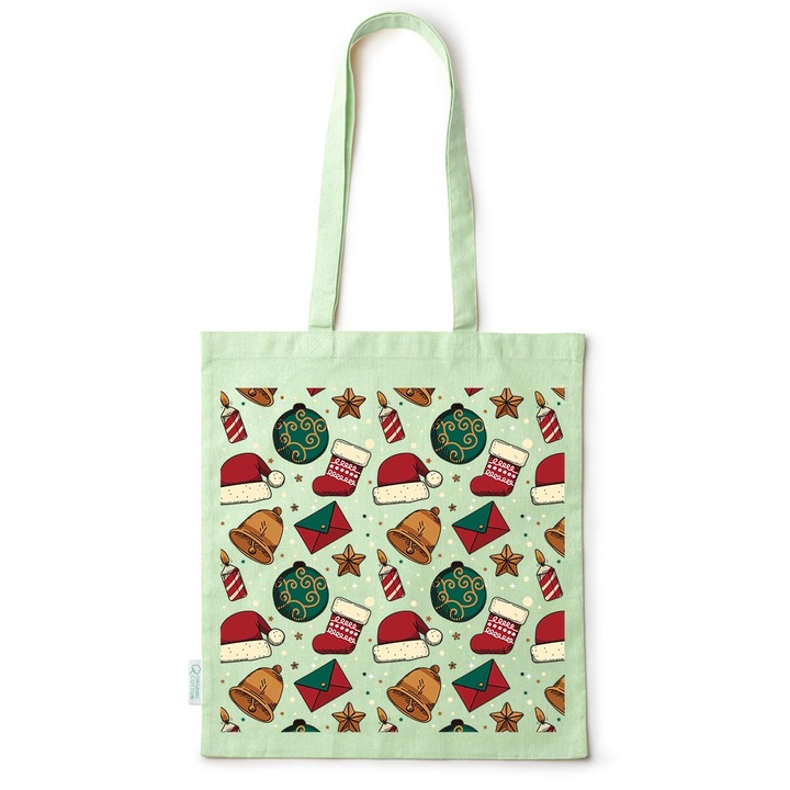 Intelli® Oko-barat pamut bevasarlotaska hosszu fullel, teli diszek, 38, Zöld, 38 x 42 cm