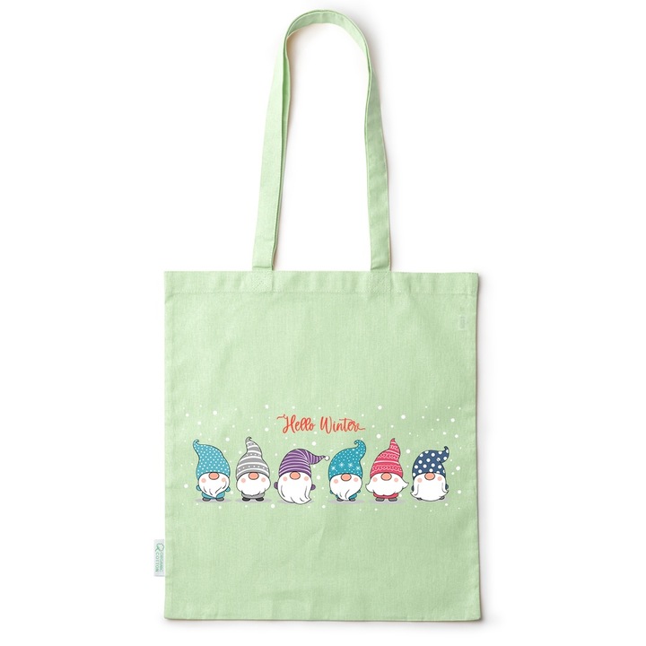 Intelli® Sacosa памучна екологична чанта за пазаруване с дълги дръжки, коледно джудже, 38×42 см, зелена, GR-BDY264