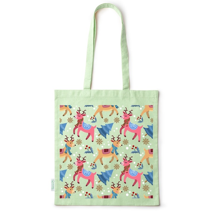 Intelli® Környezetbarát pamut bevásárlótáska hosszú füllel, téli mintás - Rudolf, 38×42cm, zöld, GR-BDY261