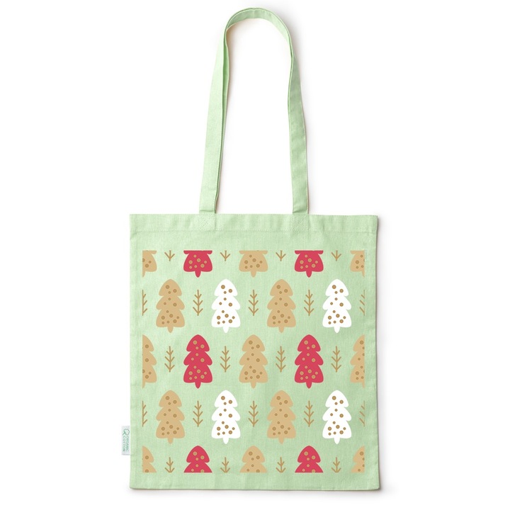 Intelli® Környezetbarát pamut bevásárlótáska hosszú füllel, téli mintával, 38×42cm, zöld, GR-BDY260