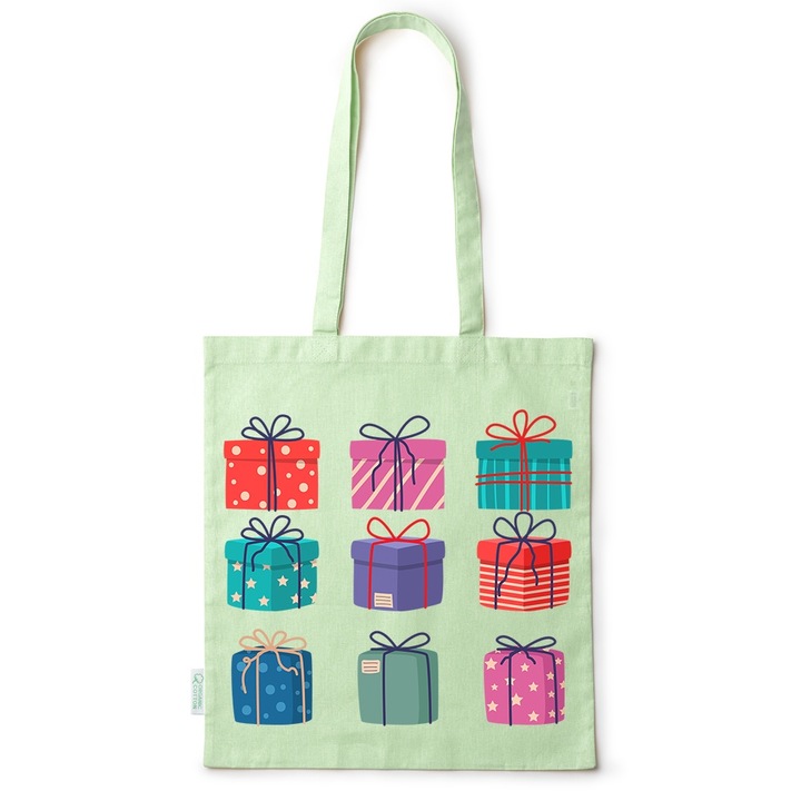 Intelli® Oko-barat pamut bevasarlotaska hosszu fullel, karacsonyi ajandek, 38, Zöld, 38 x 42 cm
