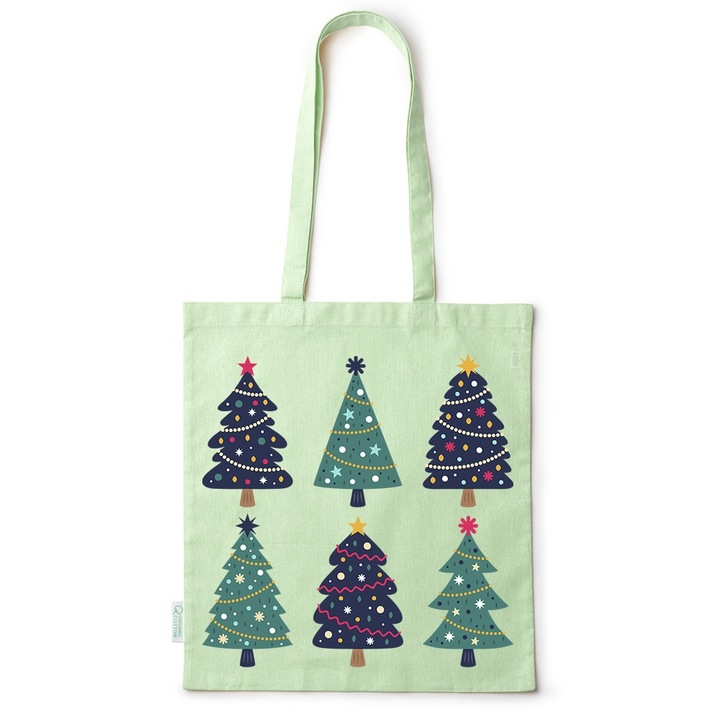 Go For It Shopper fazonú pamut táska mintával, Christmas Trees, 38×42cm, Zöld, GR-BDY266