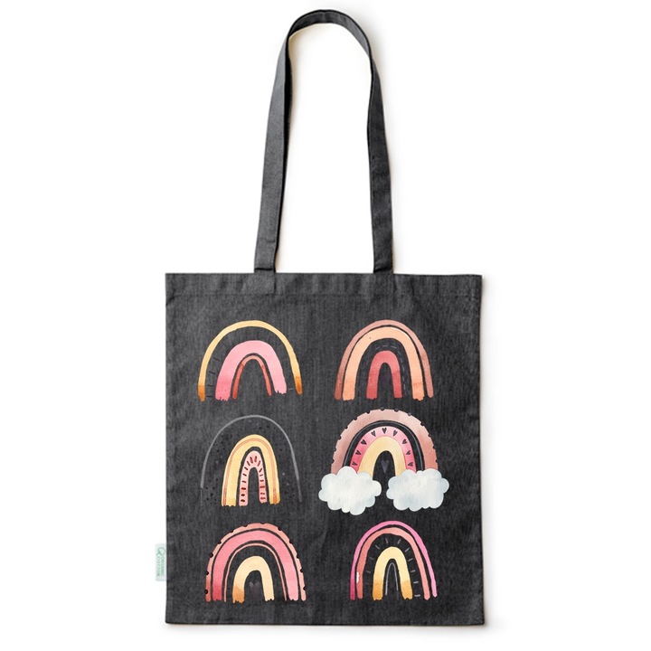 Intelli® Eco-barát pamut bevásárlótáska hosszú füllel, Szivárványos, kézzel rajzolt, 38×42cm, Fekete, B-BDY13