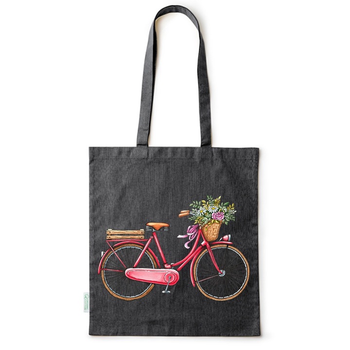 Intelli® Sacosa bumbac Eco-friendly pentru cumparaturi cu manere lungi, Flowers Collection, Bicycle Floral, 38x42cm, Negru, B-BDY2
