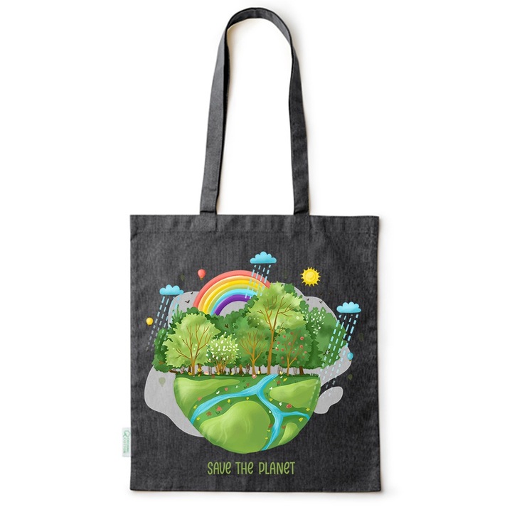 Intelli® Eco-barat pamut bevasarlotaska hosszu fullel, Save The Planet, 38, Fekete, 38 x 42 cm