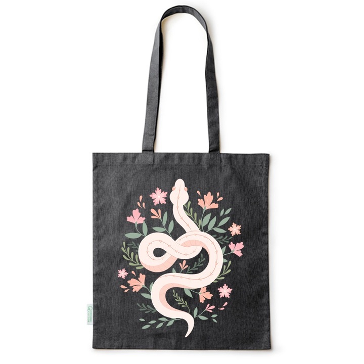 Go For It Shopper fazonú pamut táska mintával, Flowers Collection, Snake Floral, 38x42cm, Fekete, B-BDY50