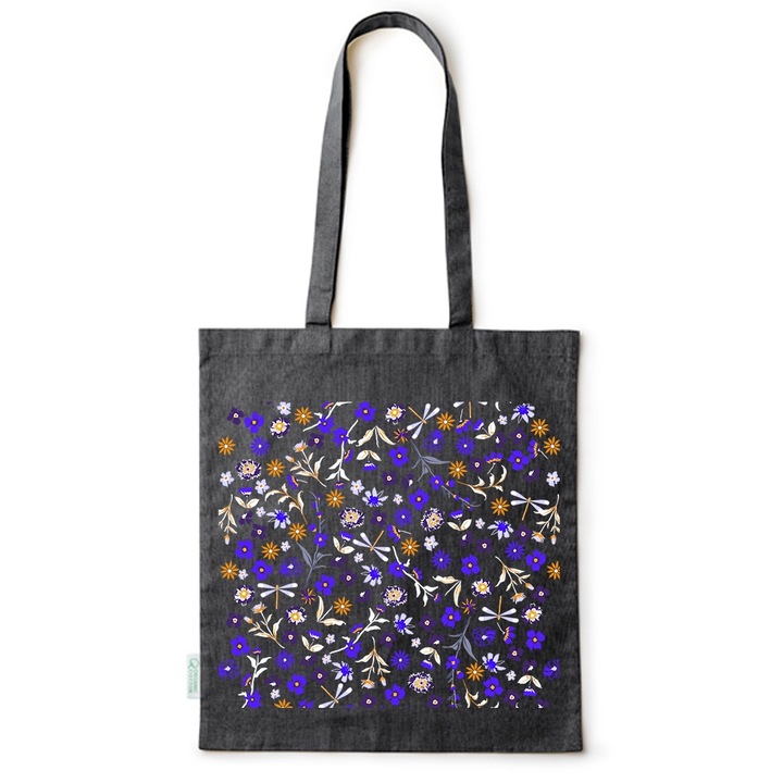 Intelli® Sacosa bumbac Eco-friendly pentru cumparaturi cu manere lungi, Flowers Collection, Blue Flowers, 38x42cm, Negru, B-BDY62