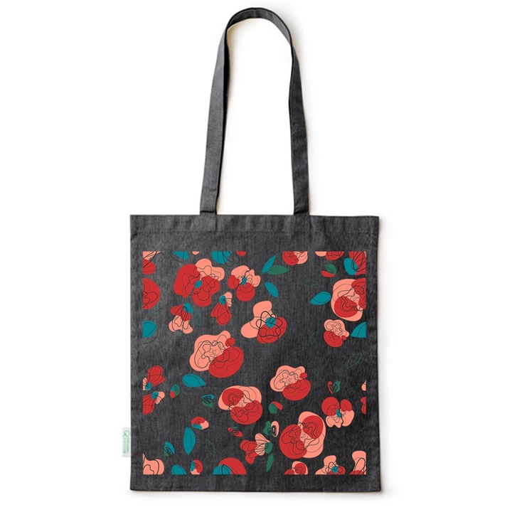 Intelli® Eco-barát pamut bevásárlótáska hosszú füllel, Flowers Collection, Rose Minimal, 38x42cm, Fekete, B-BDY67