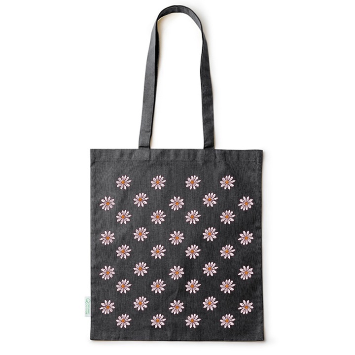 Intelli® Екологична памучна пазарска чанта Sacosa с дълги дръжки, Flowers Collection, Daisy, 38x42cm, Черна, B-BDY64