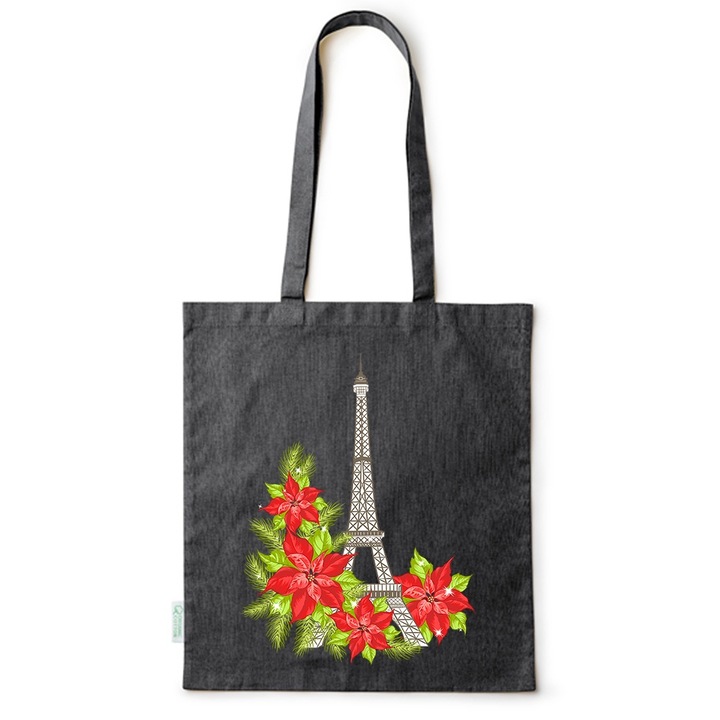 Intelli® Öko-barát pamut bevásárlótáska hosszú füllel, Flowers Collection, Eiffel Tower Floral, 38x42cm, Fekete, B-BDY7