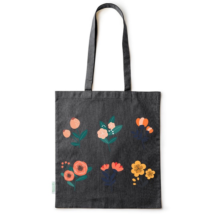 Go For It Shopper fazonú pamut táska mintával, Flowers Collection, 6 Flowers, 38x42cm, Fekete, B-BDY87
