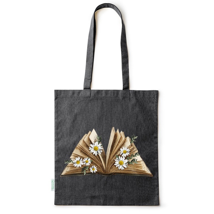 Go For It Shopper fazonú pamut táska mintával, Flowers Collection, Book With Daisy Flower, 38x42cm, Fekete, B-BDY9