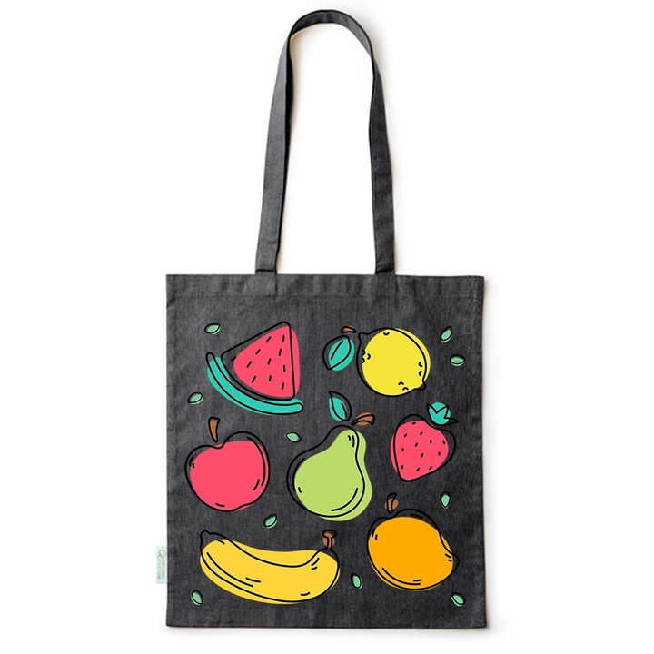 Intelli® Sacosa памучна екологична чанта за пазаруване с дълги дръжки, Fruits, 38×42cm, черна, B-BDY95
