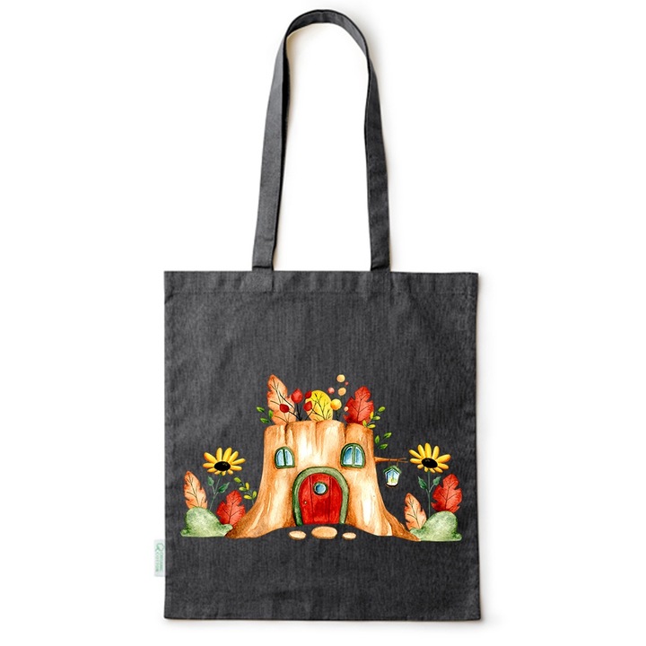 Go For It Shopper fazonú pamut táska mintával, Tree Stump House, 38×42cm, Fekete, B-BDY113