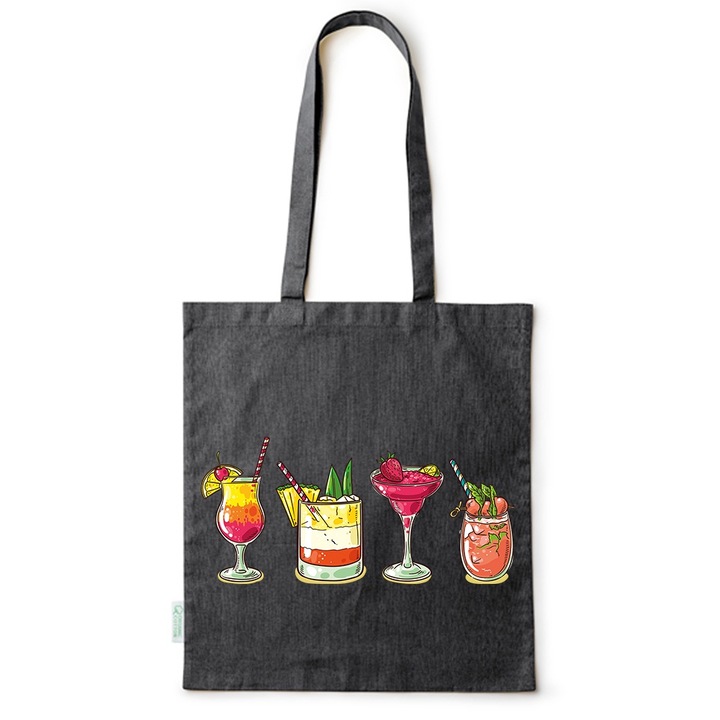 Intelli® Sacosa bumbac Eco-friendly pentru cumparaturi cu manere lungi, Summer Drinks, 38×42cm, Negru, B-BDY99