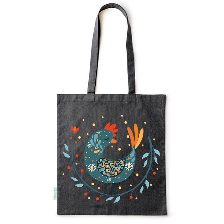 Intelli® Környezetbarát pamut bevásárlótáska hosszú füllel, Hagyományos madár, 38×42cm, Fekete, B-BDY145