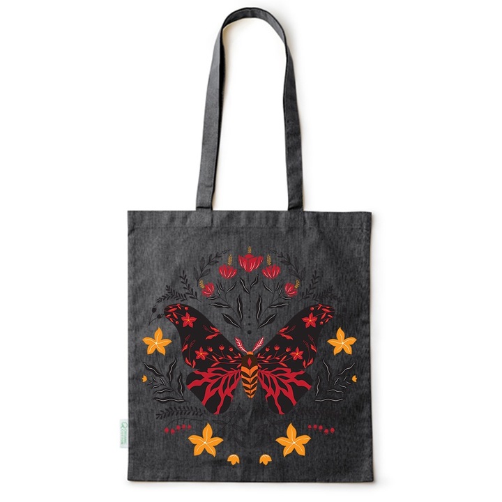 Go For It Shopper fazonú pamut táska mintával, Butterfly with flowers, 38×42cm, Fekete, B-BDY143