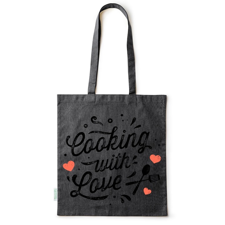 Go For It Shopper fazonú pamut táska mintával, Cooking with Love, 38×42cm, Fekete, B-BDY152