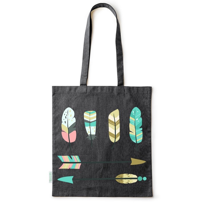 Go For It Shopper fazonú pamut táska mintával, Arrows - Feathers, 38×42cm, Fekete, B-BDY154