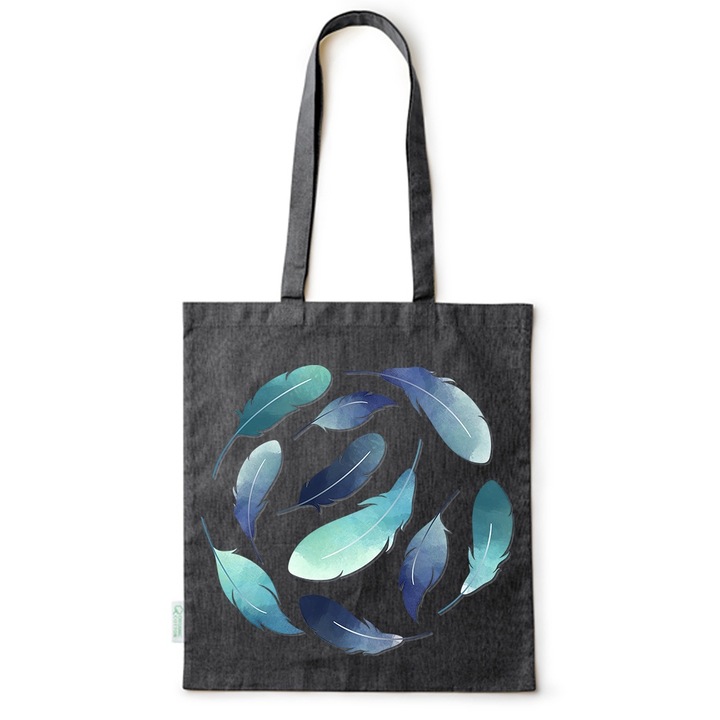 Go For It Shopper fazonú pamut táska mintával, Feathers, 38×42cm, Fekete, B-BDY156