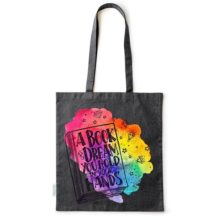 Go For It Shopper fazonú pamut táska mintával, Book, 38×42cm, Fekete, B-BDY155