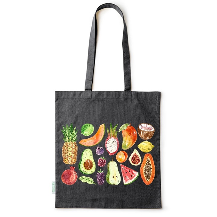 Intelli® Pamut Eco-barat taska hosszu fulekkel, Gyumolcsok, 38×42cm, Fekete, 38 x 42 cm