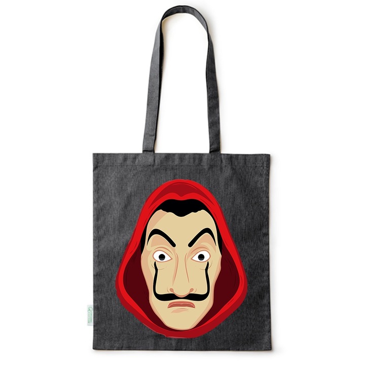 Intelli® Екологична памучна пазарска чанта Sacosa с дълги дръжки, La Casa de Papel, 38×42см, Черна, B-BDY172